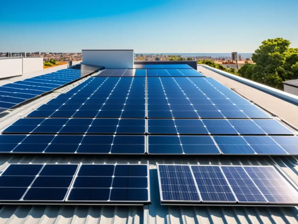 Instalación de paneles solares modernos en un tejado residencial, capturando la luz del sol en un cielo azul claro