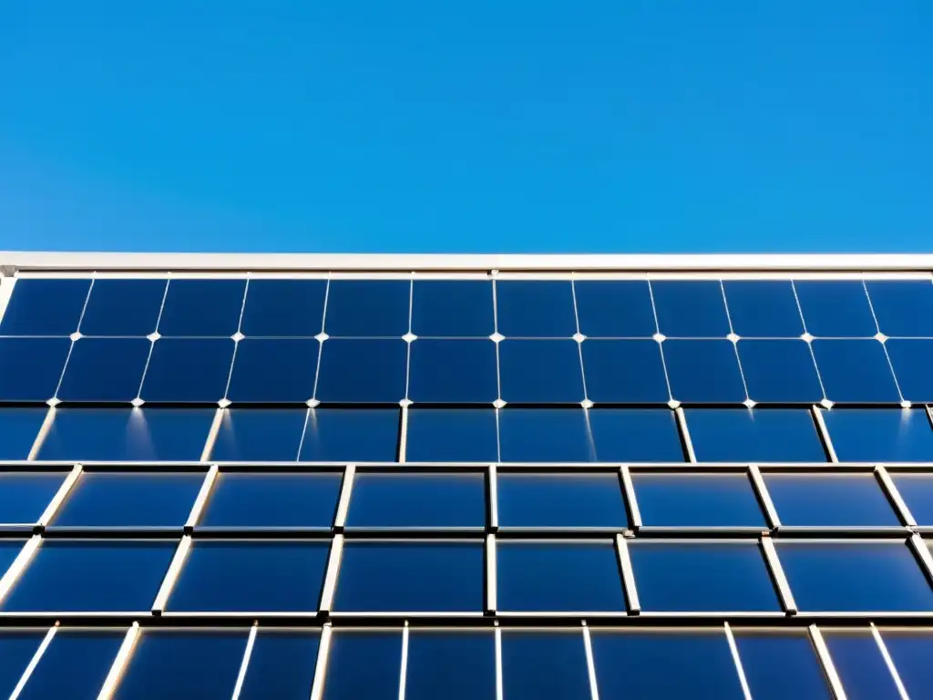 Instalación de paneles solares modernos en un tejado residencial, reflejando la luz del sol en un diseño simétrico bajo un cielo azul claro