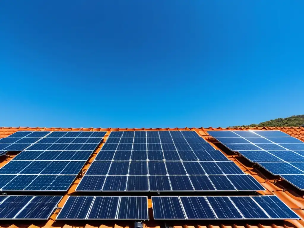 Instalación de paneles solares modernos en un tejado español, con cielo azul claro y sol brillante