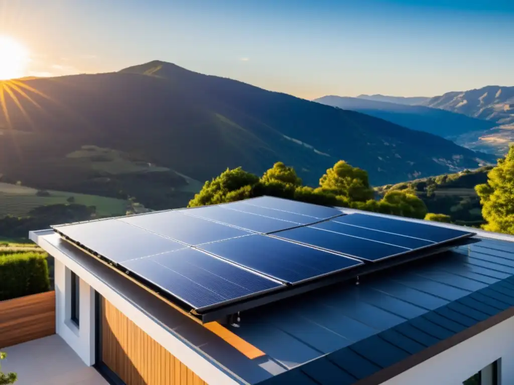 Instalación de paneles solares modernos y elegantes en el techo de una casa con un brillo cálido de sol