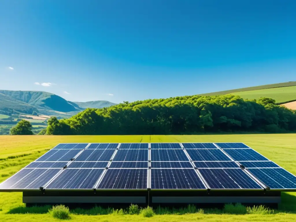 Una instalación de paneles solares en un paisaje verde y cielo azul, reflejando luz