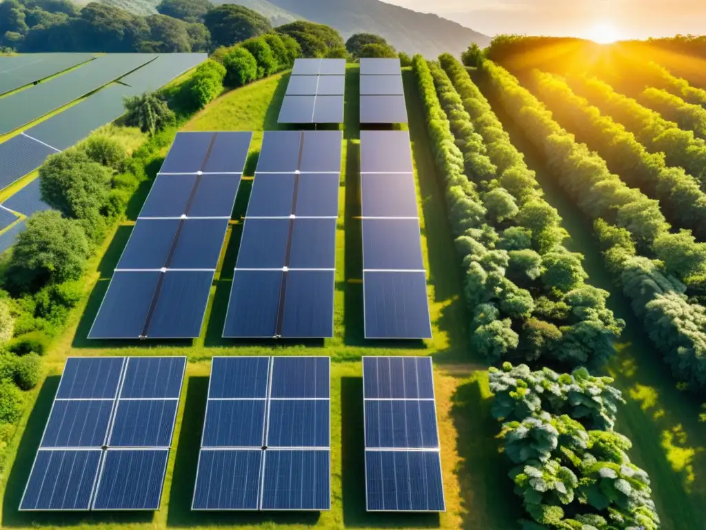 Instalación de paneles solares en paisaje verde, brilla el sol