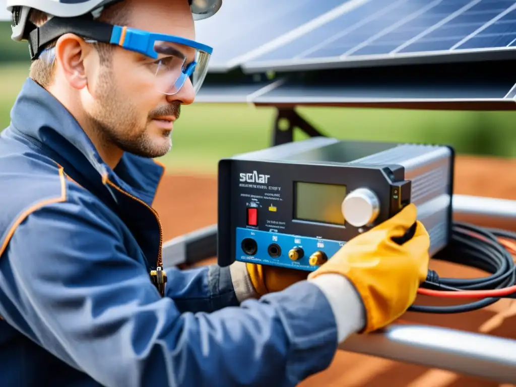 Instalación de paneles solares paso a paso: Persona concentrada conectando cables de panel solar a inversor, rodeada de herramientas organizadas