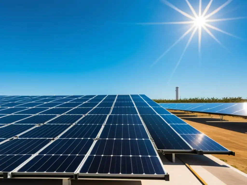 Instalación de paneles solares con planta desalinizadora, bajo cielos azules y sol brillante