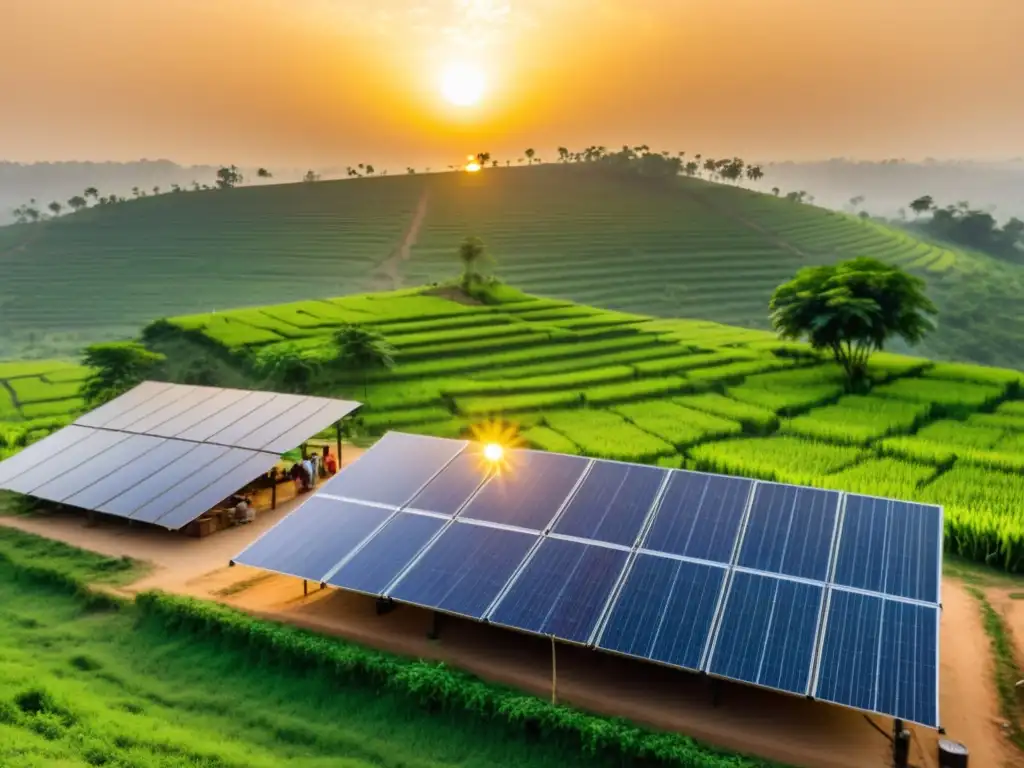 Instalación de paneles solares en un pueblo rural de la India al atardecer, camino hacia la energía sostenible