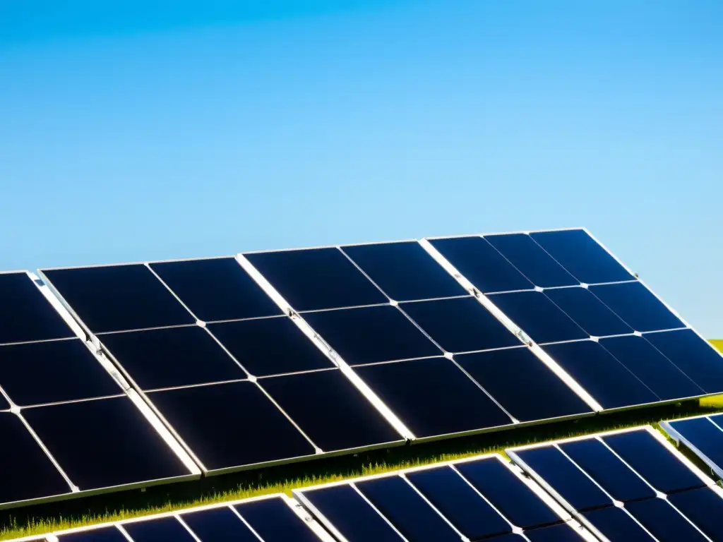 Instalación de paneles solares con seguridad en instalaciones solares comunitarias en un campo soleado y radiante, reflejando el cielo azul