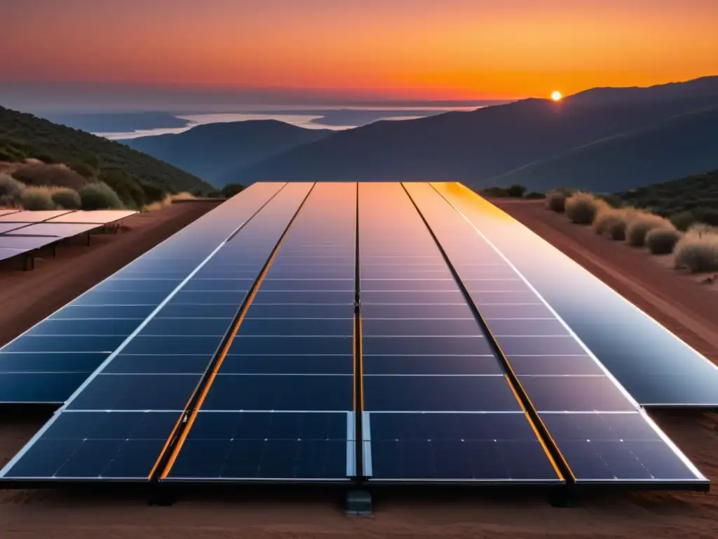 Una instalación de paneles solares sostenibles frente a un atardecer vibrante