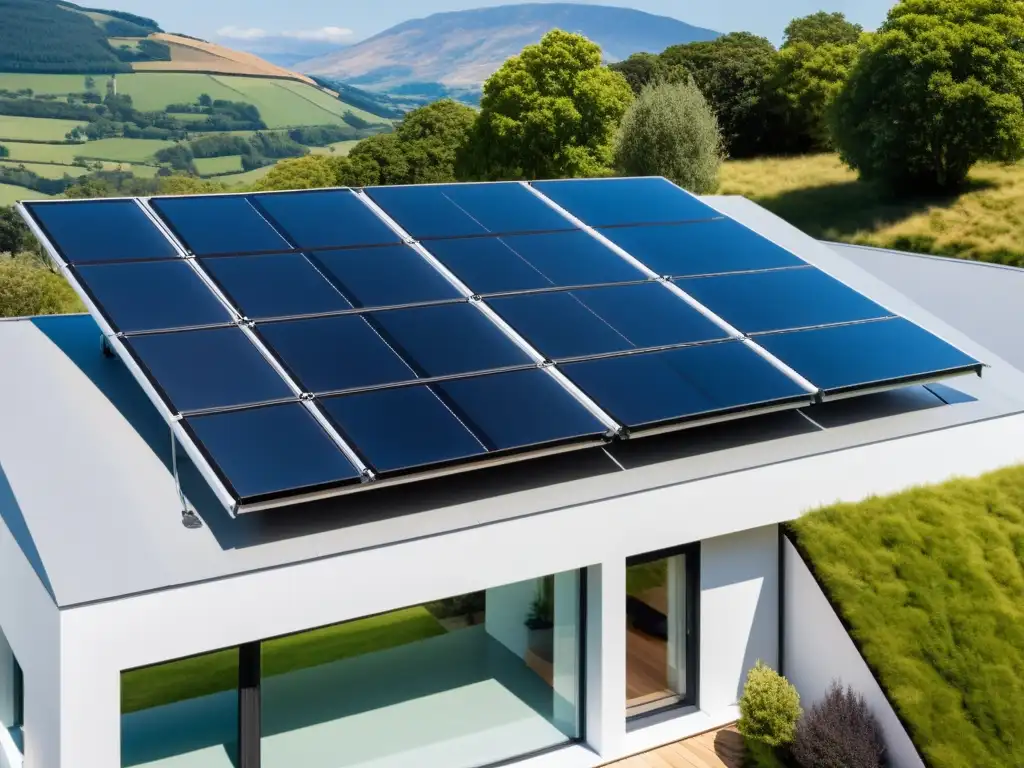 Instalación de paneles solares en techo moderno, reflejando la luz del sol y el entorno