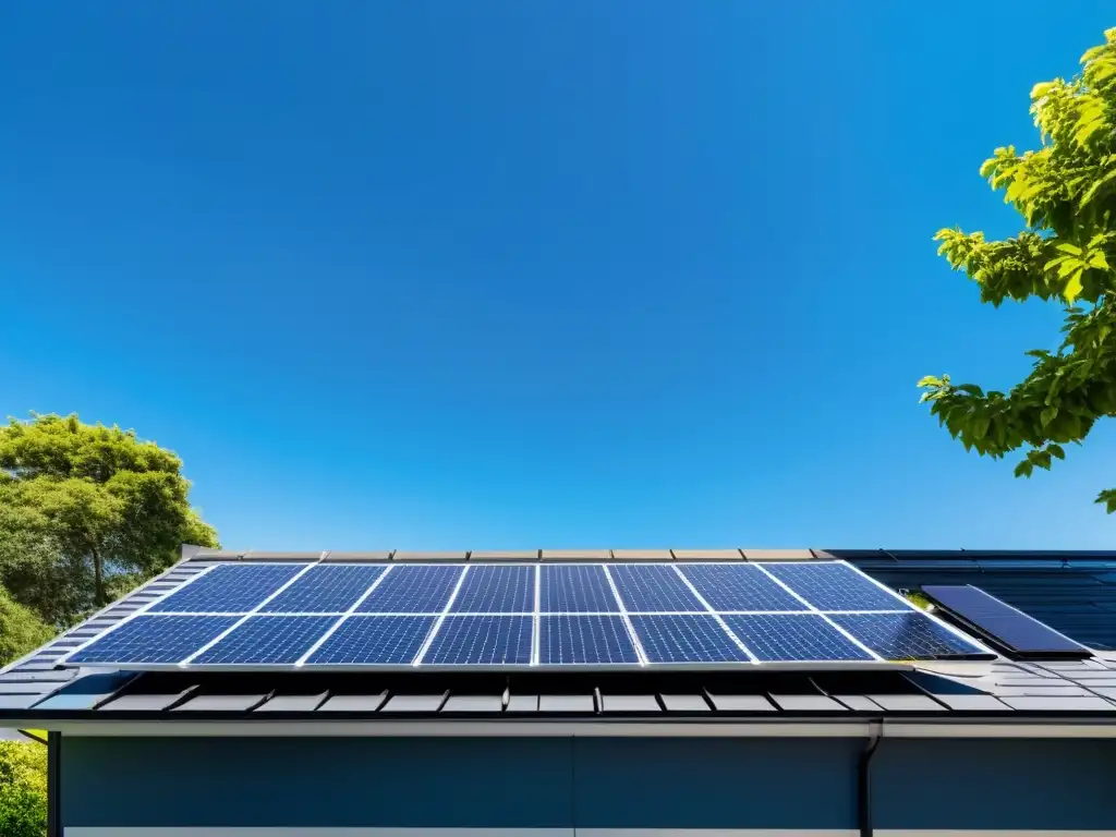 Instalación de paneles solares en un techo, reflejando la luz del sol en perfecta armonía, integrados en una casa moderna y sostenible