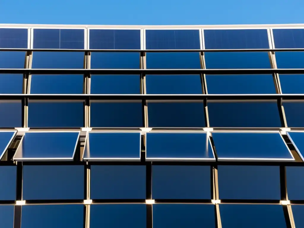 Una instalación de paneles solares en un techo, con paneles negros en un patrón geométrico contra un cielo azul brillante