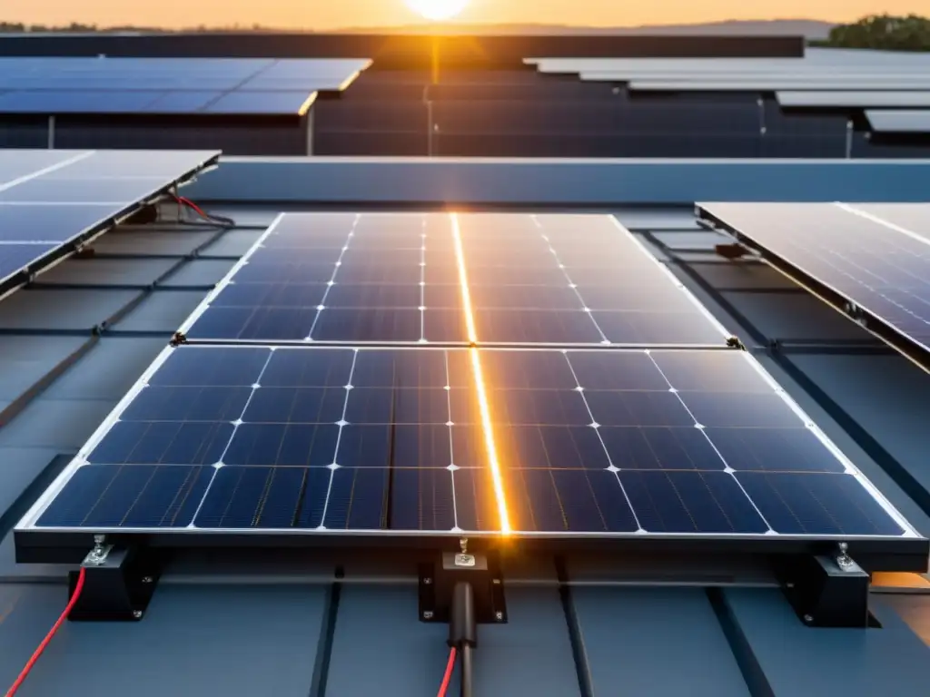 Instalación de paneles solares en el techo, bañados por la cálida luz del sol