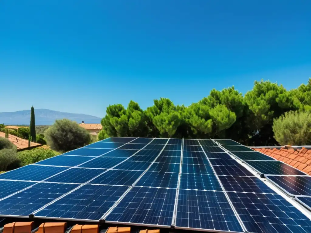 Instalación de paneles solares en tejado español con vegetación y cielo despejado, reflejando el potencial de subsidios paneles solares España