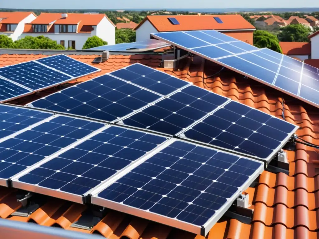 Instalación de paneles solares en tejado comunitario, reflejando luz solar