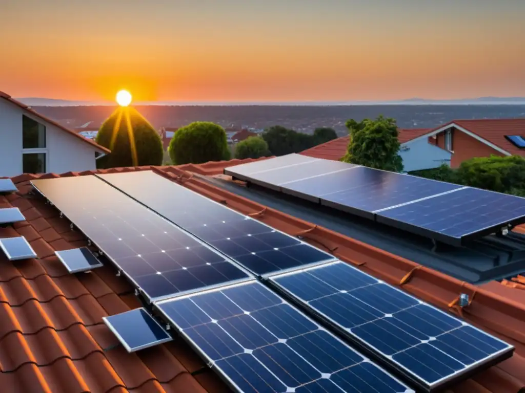 Instalación de paneles solares en tejado residencial, con el sol poniéndose al fondo