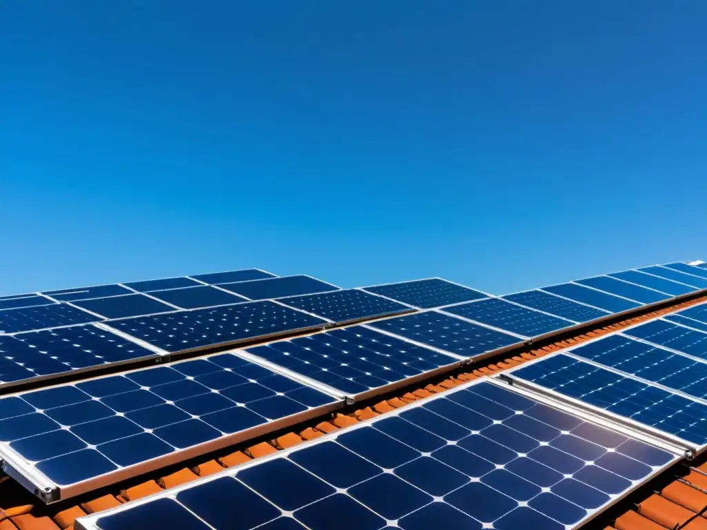 Instalación de paneles solares en tejado, reflejando la luz solar y creando un patrón de luces y sombras