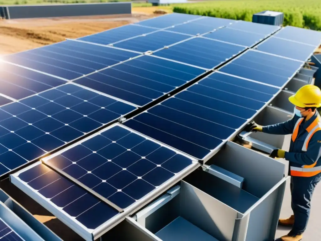 Instalación de reciclaje de paneles solares, manejo residuos energía solar sostenible, ambiente organizado y ecoamigable