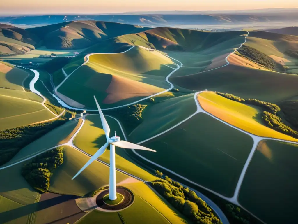 Instalación de turbinas eólicas en terrenos complejos, contrastando lo natural con lo moderno en un atardecer dorado