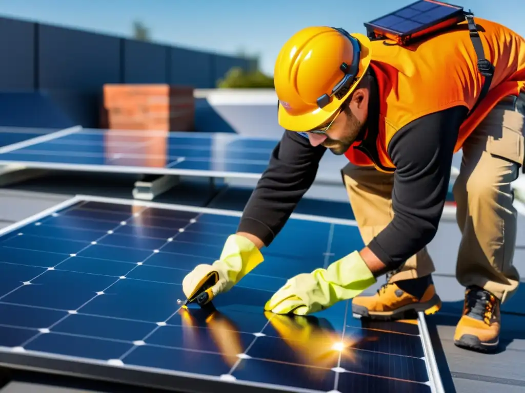 Un instalador de paneles solares profesional, midiendo y marcando con precisión en un techo residencial