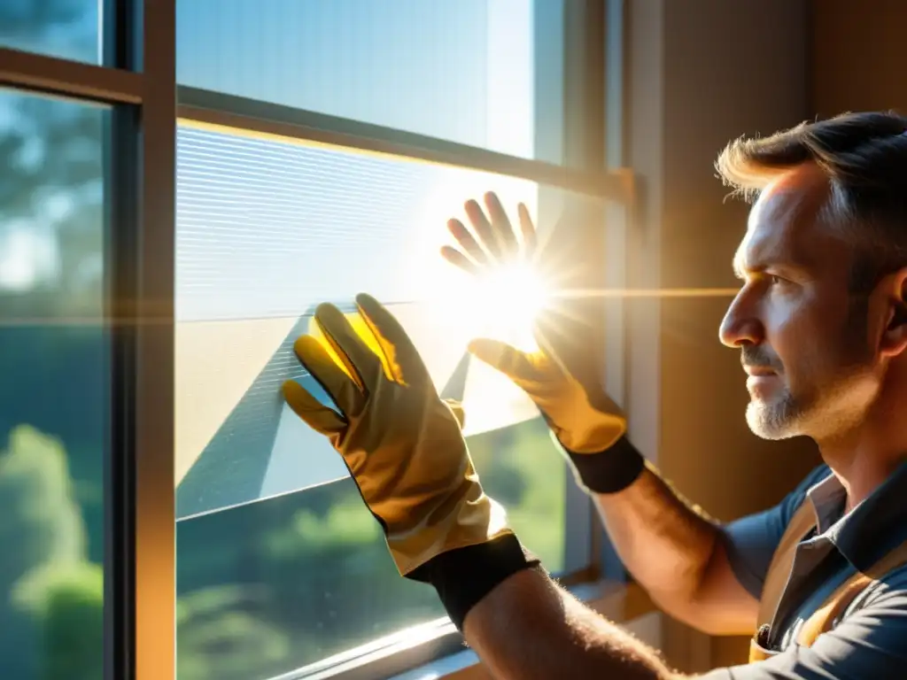 Un instalador profesional aplica con cuidado un film solar fotovoltaico para ventanas en un elegante y amplio cristal, bajo una cálida luz dorada