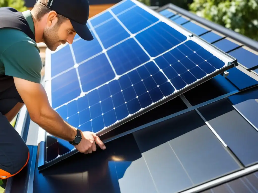 Un instalador profesional posiciona con cuidado un panel solar en el techo de una casa moderna, destacando la precisión y eficiencia de la instalación