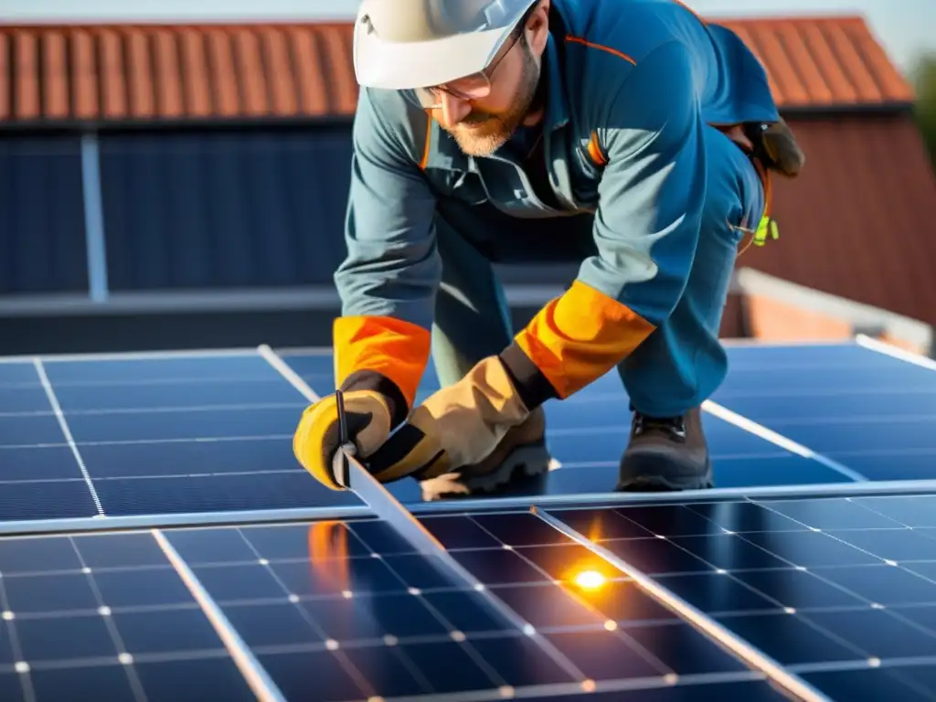 Un instalador profesional posiciona con cuidado un panel solar en un tejado, con el sol brillando en el fondo