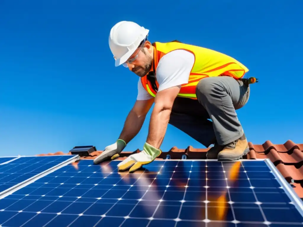 Un instalador profesional de paneles solares posiciona con cuidado un panel en un tejado bajo un cielo azul claro