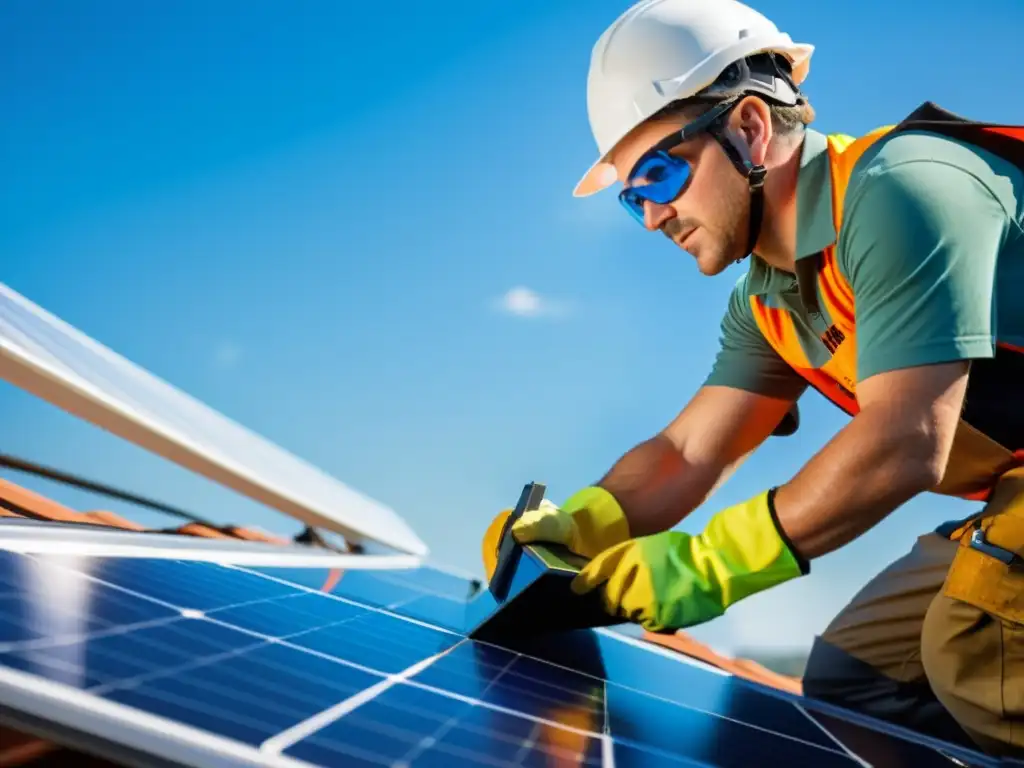 Un instalador profesional de paneles solares asegura con precisión un panel en un techo residencial