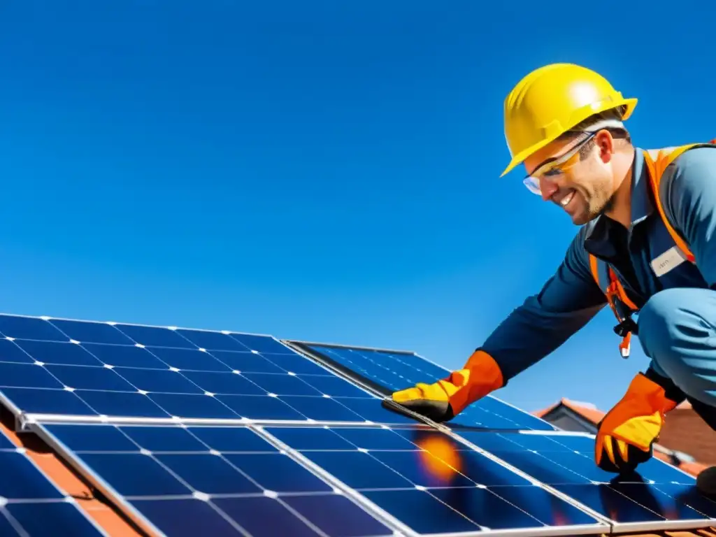 Un instalador profesional de paneles solares asegura con cuidado los paneles fotovoltaicos en un techo residencial, con un cielo azul claro de fondo