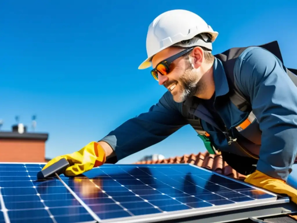 Un instalador profesional asegura con precisión un panel solar en un tejado residencial bajo un cielo azul claro