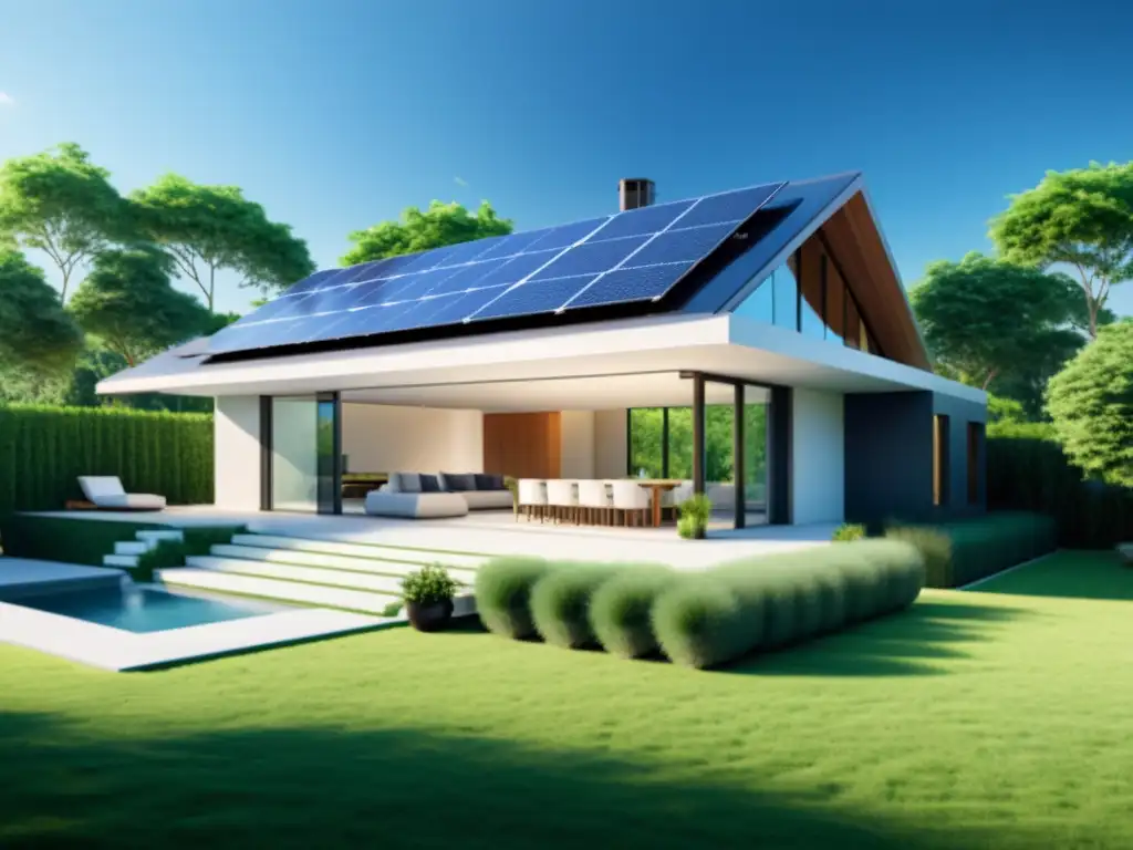 Integración de bioenergía en microredes domésticas: paneles solares en un hogar moderno rodeado de naturaleza y cielo azul