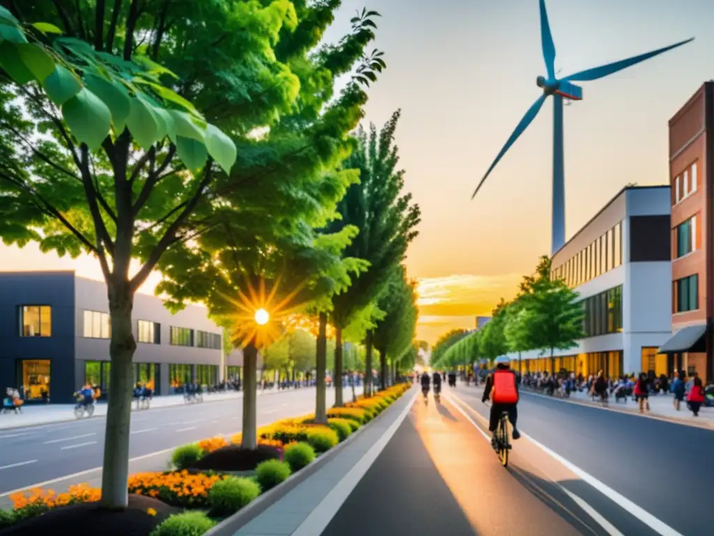 Integración de bioenergía en zonas urbanas: Atardecer cálido en una bulliciosa calle de la ciudad, con modernos edificios y árboles verdes