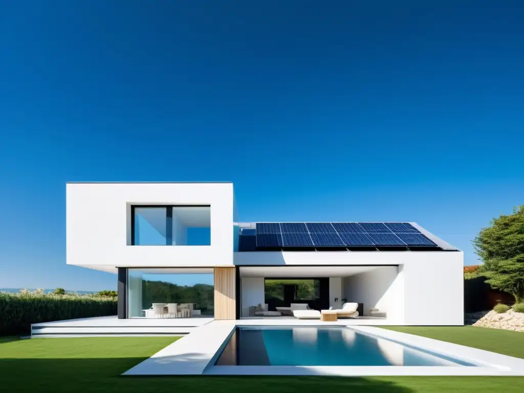 Integración de energía solar en vivienda sostenible: moderna casa minimalista con paneles solares en tejado y fachada, bajo cielo azul