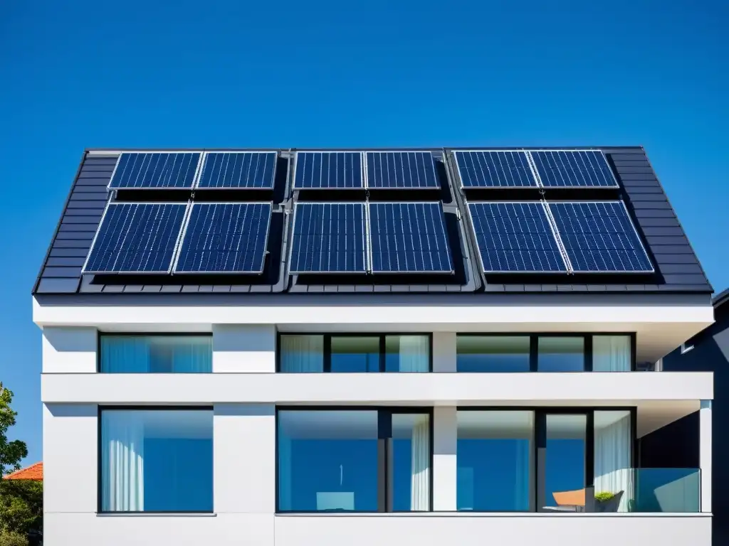 Integración de energía solar en vivienda sostenible con paneles solares en tejado moderno bajo cielo azul claro