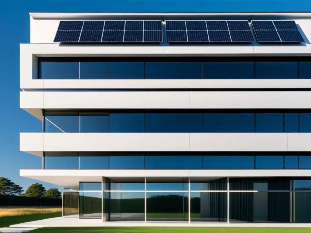 Integración de energías renovables en la arquitectura: fachada moderna con paneles solares proyectando sombras en el suelo