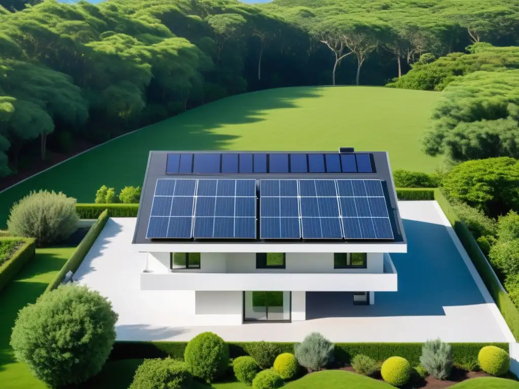 Integración exitosa de baterías solares en moderna casa ecológica rodeada de vegetación bajo cielo azul