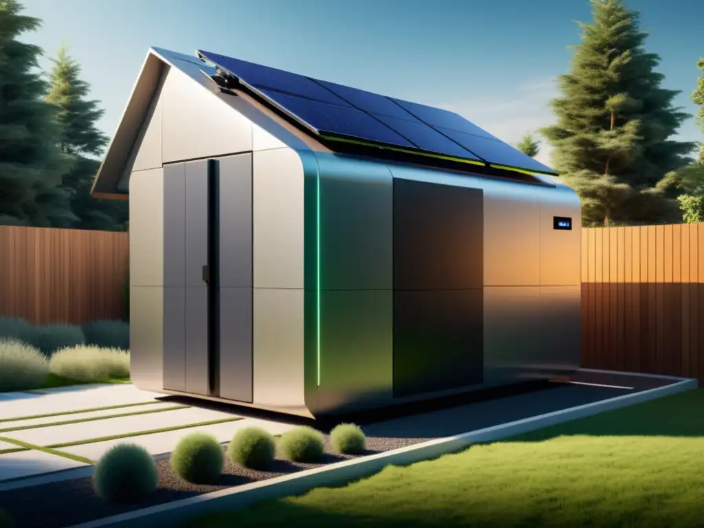 Integración fuentes energía renovable: Imagen futurista de sistema de almacenamiento de energía solar integrado en casa moderna