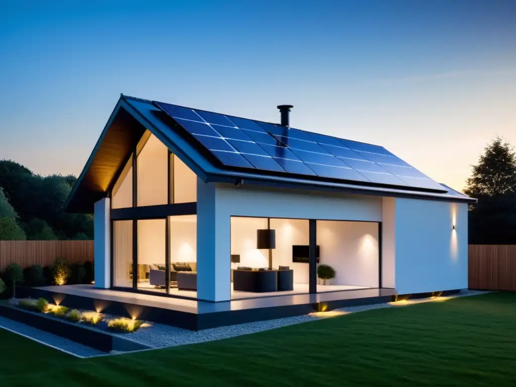 Integración fuentes energía renovable: Casa moderna con paneles solares y sistema de almacenamiento de energía, bañada en luz natural y cielo azul