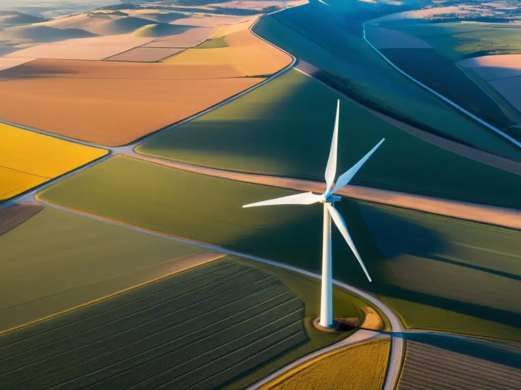 Integración inteligente para energía eólica: majestuosos aerogeneradores en un atardecer dorado, transmitiendo tranquilidad y sostenibilidad