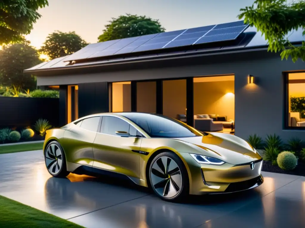 Integración de movilidad eléctrica en un hogar sostenible con coche eléctrico moderno y paneles solares al atardecer