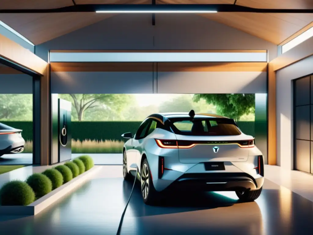 Integración de movilidad eléctrica en un hogar sostenible con un coche eléctrico moderno en un garaje bien iluminado y espacioso, rodeado de vegetación exuberante y paneles solares en el techo