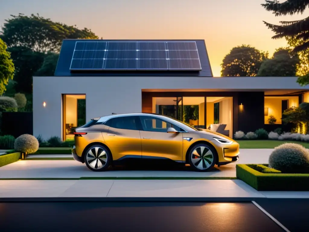 Integración de movilidad eléctrica en un hogar sostenible con coche eléctrico moderno, jardines verdes y paneles solares al atardecer