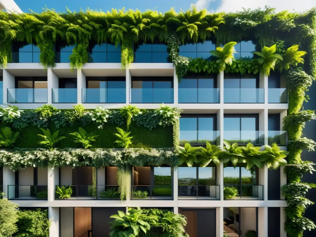 Integración vegetación muros vivos urbanos: Moderno edificio urbano con pared verde, armonía entre naturaleza y diseño urbano