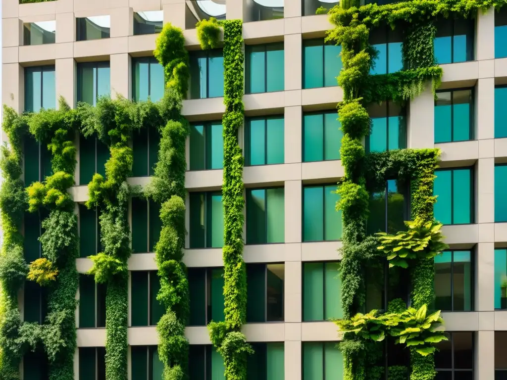 Integración de vegetación en muros vivos urbanos: edificio moderno cubierto de exuberante vegetación, un contraste impactante entre naturaleza y arquitectura urbana