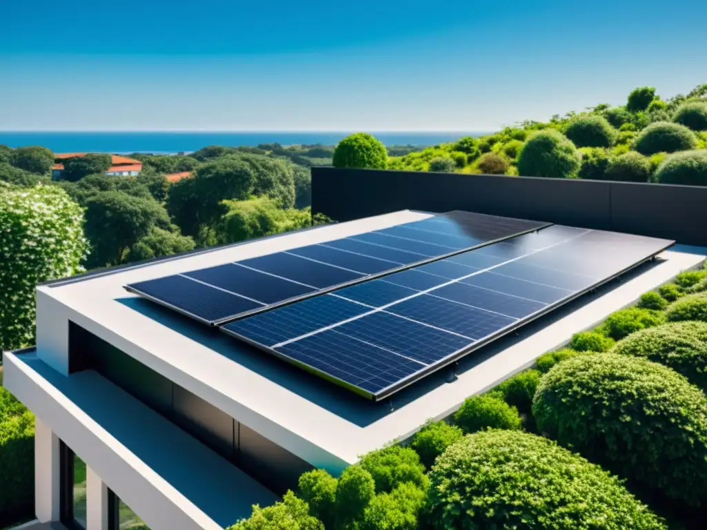 Integración de paneles solares y energías renovables en un moderno tejado residencial, rodeado de exuberante vegetación bajo un cielo azul claro