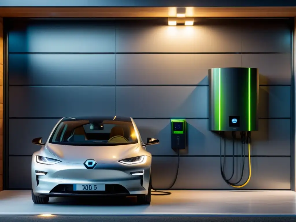 Integración de sistemas de almacenamiento doméstico con baterías de litio en garaje moderno y bien iluminado, junto a coche eléctrico