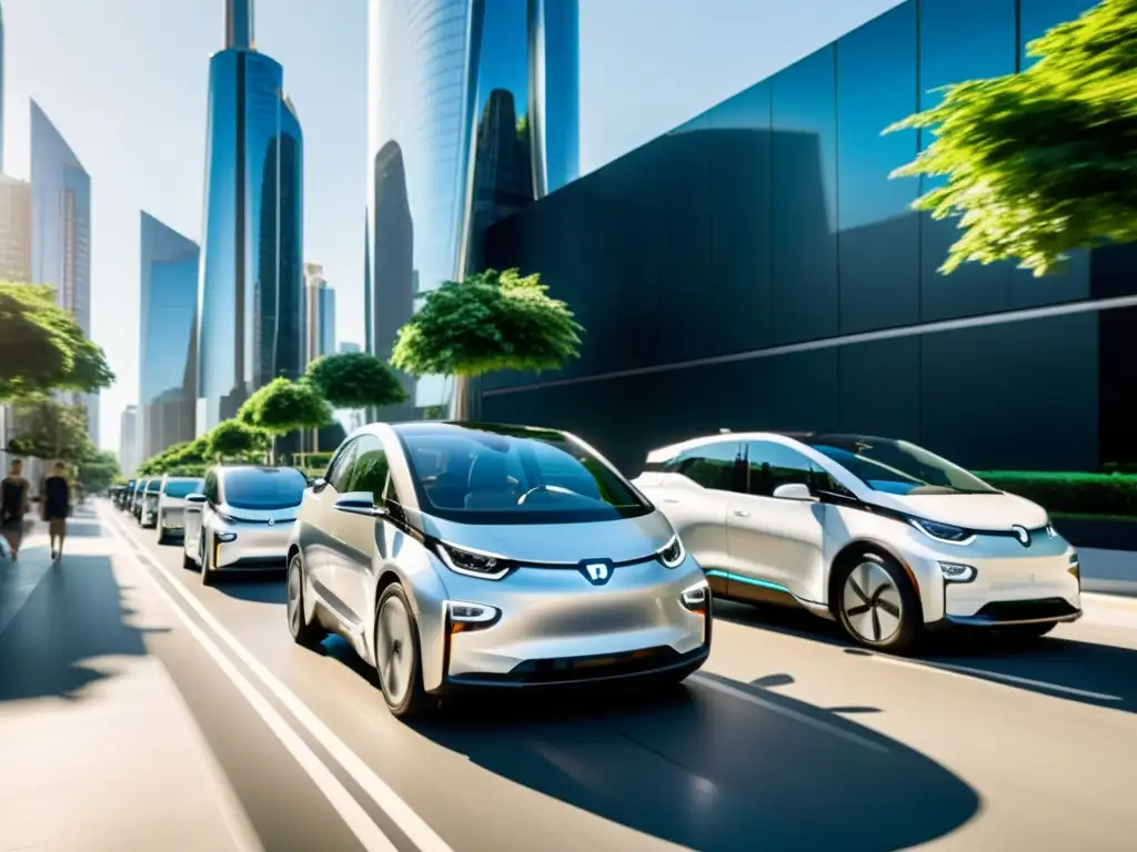 Integración de vehículos eléctricos en un paisaje urbano moderno con rascacielos y vegetación exuberante, bañado en luz natural