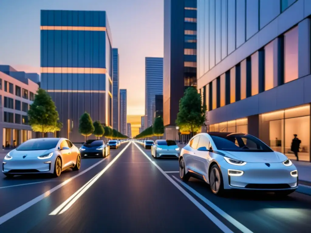 Integración de vehículos eléctricos en paisaje urbano al atardecer, con modernos edificios y autos eléctricos deslizándose silenciosamente