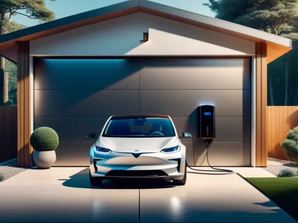 Integración vehículos eléctricos hogar: ilustración de un vehículo eléctrico moderno estacionado junto a una casa con paneles solares en un garaje