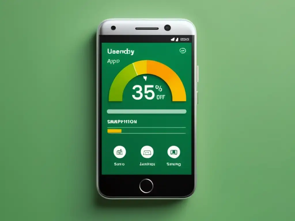 Interfaz de app control consumo energía smartphone con gráficos intuitivos y diseño ecofriendly en hogar moderno