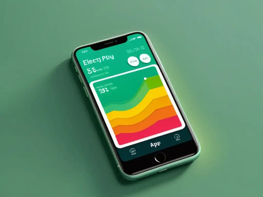 Interfaz de app en smartphone minimalista para controlar el consumo de energía, con gráficos coloridos y visualizaciones de datos